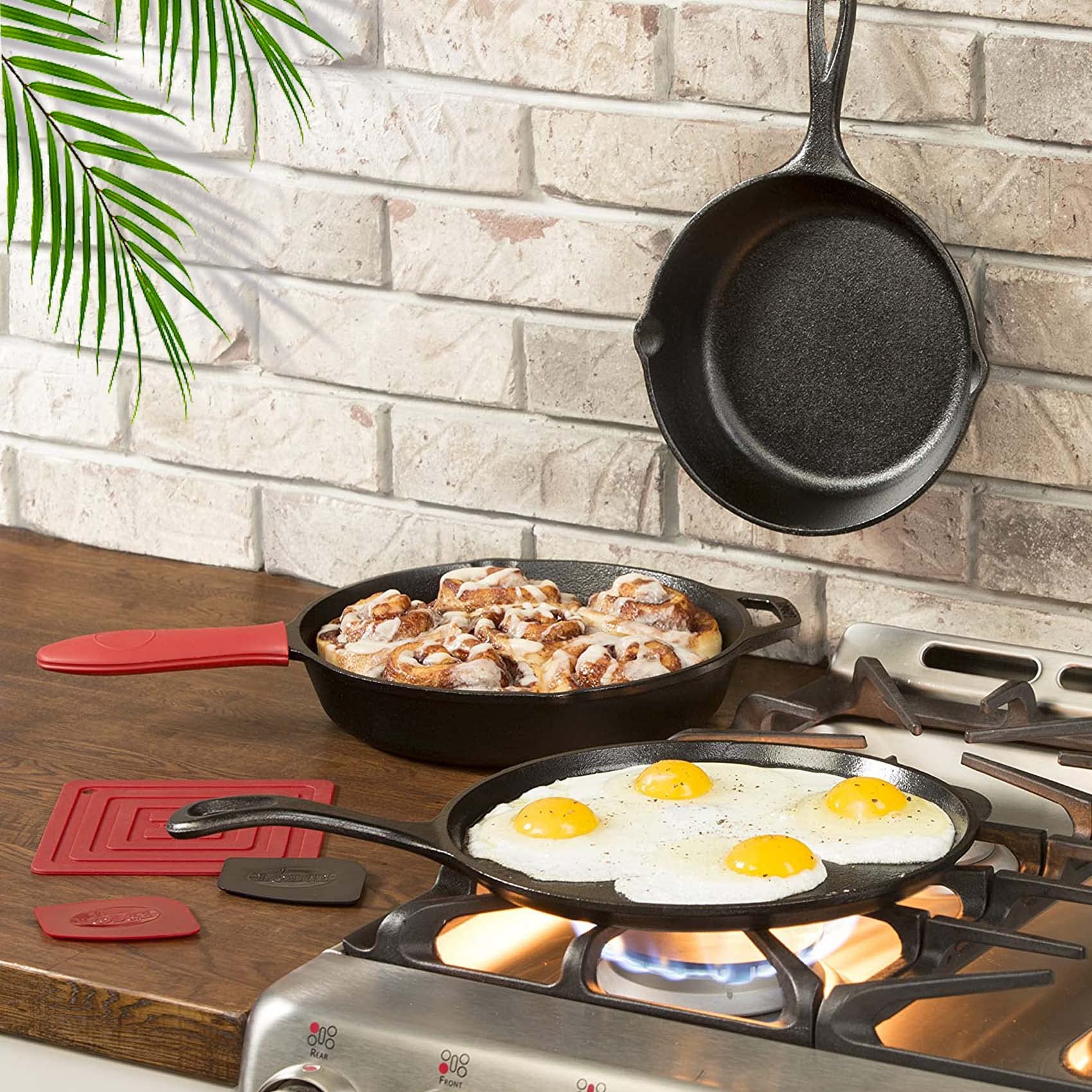Pre-Seasoned Cast Iron Skillet Set of 3 | 6", 8" & 10" Cast Iron Frying Pans with 3 Heat-Resistant Holders & Oil Brush - Indoor and Outdoor Use - Oven Grill Stovetop Induction Safe Cookware