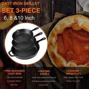 Pre-Seasoned Cast Iron Skillet Set of 3 | 6", 8" & 10" Cast Iron Frying Pans with 3 Heat-Resistant Holders & Oil Brush - Indoor and Outdoor Use - Oven Grill Stovetop Induction Safe Cookware