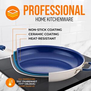 NutriChef 14" Fry Pan With Lid - Extra Large Skillet Nonstick Frying Pan with Silicone Handle, Ceramic Coating, Blue Silicone Handle, Stain-Resistant And Easy To Clean, Professional Home Cookware