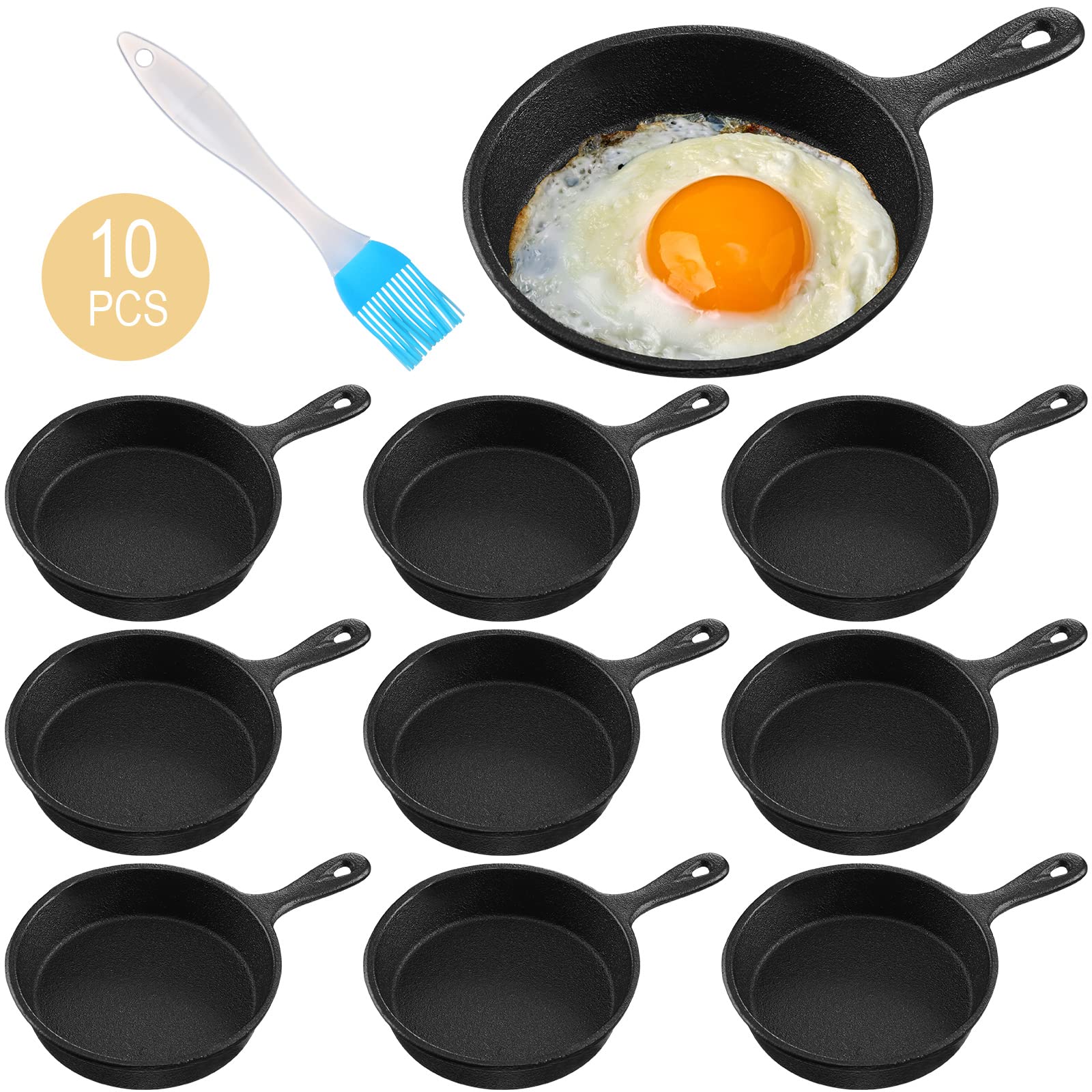 Remerry 4 Inches Cast Iron Skillets Mini Black Iron Nonstick Frying Pan Small Sizzling Plate Egg Pan Cast Iron Pot Bundle with Oil Brush for Indoor and Outdoor Restaurant Kitchen