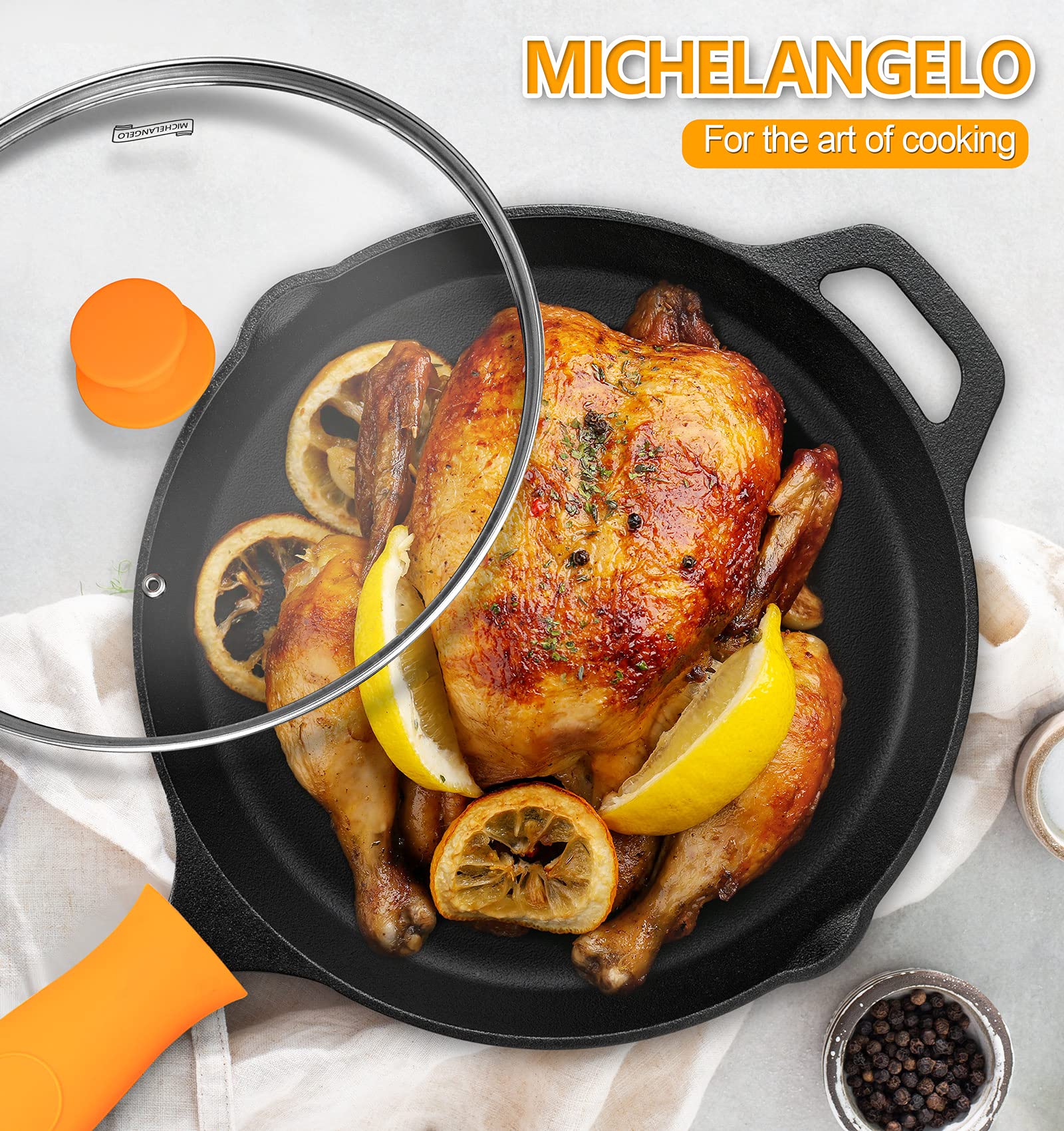 MICHELANGELO Cast Iron Skillet, 12 Inch Cast Iron Skillet With Lid, Preseasoned Large Skillet Oven Safe, Iron Skillets for Cooking with Silicone Handle & Scrapers - 12 Inch