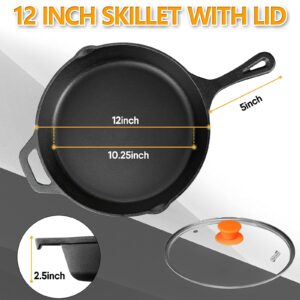 MICHELANGELO Cast Iron Skillet, 12 Inch Cast Iron Skillet With Lid, Preseasoned Large Skillet Oven Safe, Iron Skillets for Cooking with Silicone Handle & Scrapers - 12 Inch