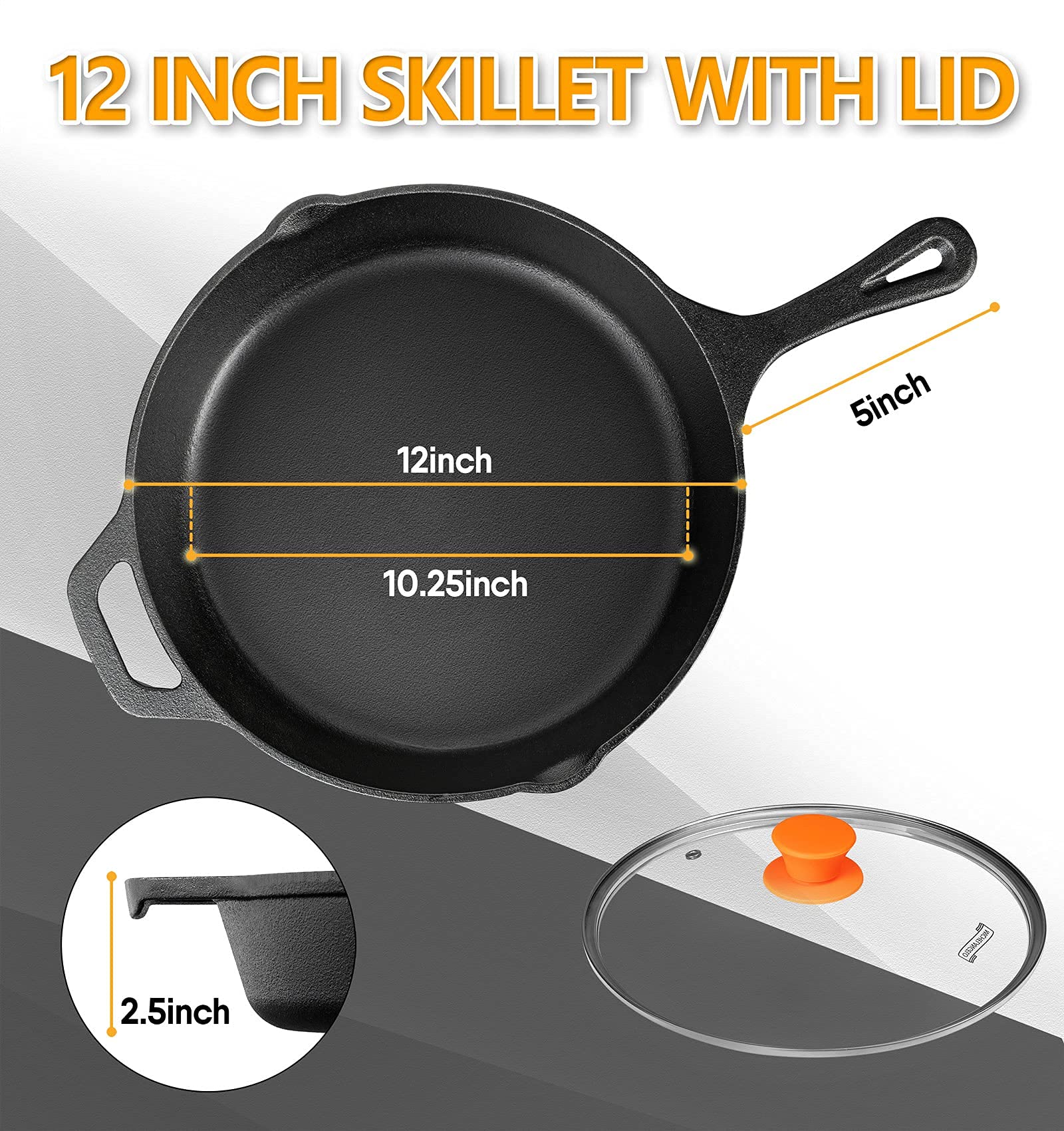 MICHELANGELO Cast Iron Skillet, 12 Inch Cast Iron Skillet With Lid, Preseasoned Large Skillet Oven Safe, Iron Skillets for Cooking with Silicone Handle & Scrapers - 12 Inch