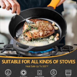 MICHELANGELO Cast Iron Skillet, 12 Inch Cast Iron Skillet With Lid, Preseasoned Large Skillet Oven Safe, Iron Skillets for Cooking with Silicone Handle & Scrapers - 12 Inch