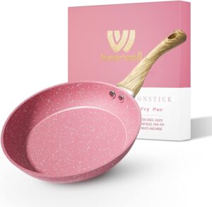 frying pan nonstick, 11 inch pink egg pan, non stick fry pan 100% ptfe pfoa-free omelet pan, toxin-free skillets stone cookware, anti-warp base with all stove tops available, induction compatible