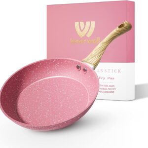 Frying Pan Nonstick, 11 Inch Pink Egg Pan, Non Stick Fry Pan 100% PTFE PFOA-Free Omelet Pan, Toxin-Free Skillets Stone Cookware, Anti-Warp Base with All Stove Tops Available, Induction Compatible