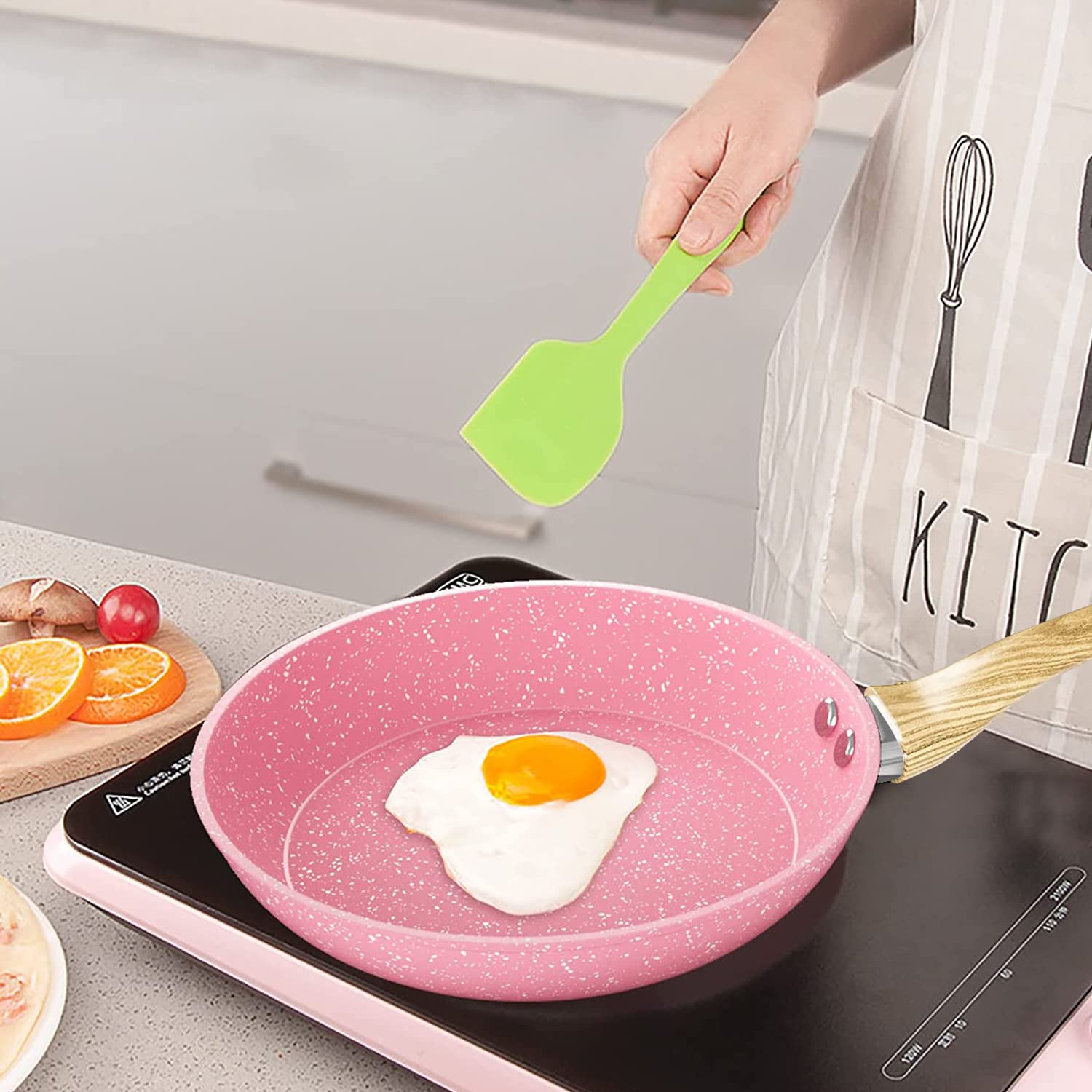 Frying Pan Nonstick, 11 Inch Pink Egg Pan, Non Stick Fry Pan 100% PTFE PFOA-Free Omelet Pan, Toxin-Free Skillets Stone Cookware, Anti-Warp Base with All Stove Tops Available, Induction Compatible