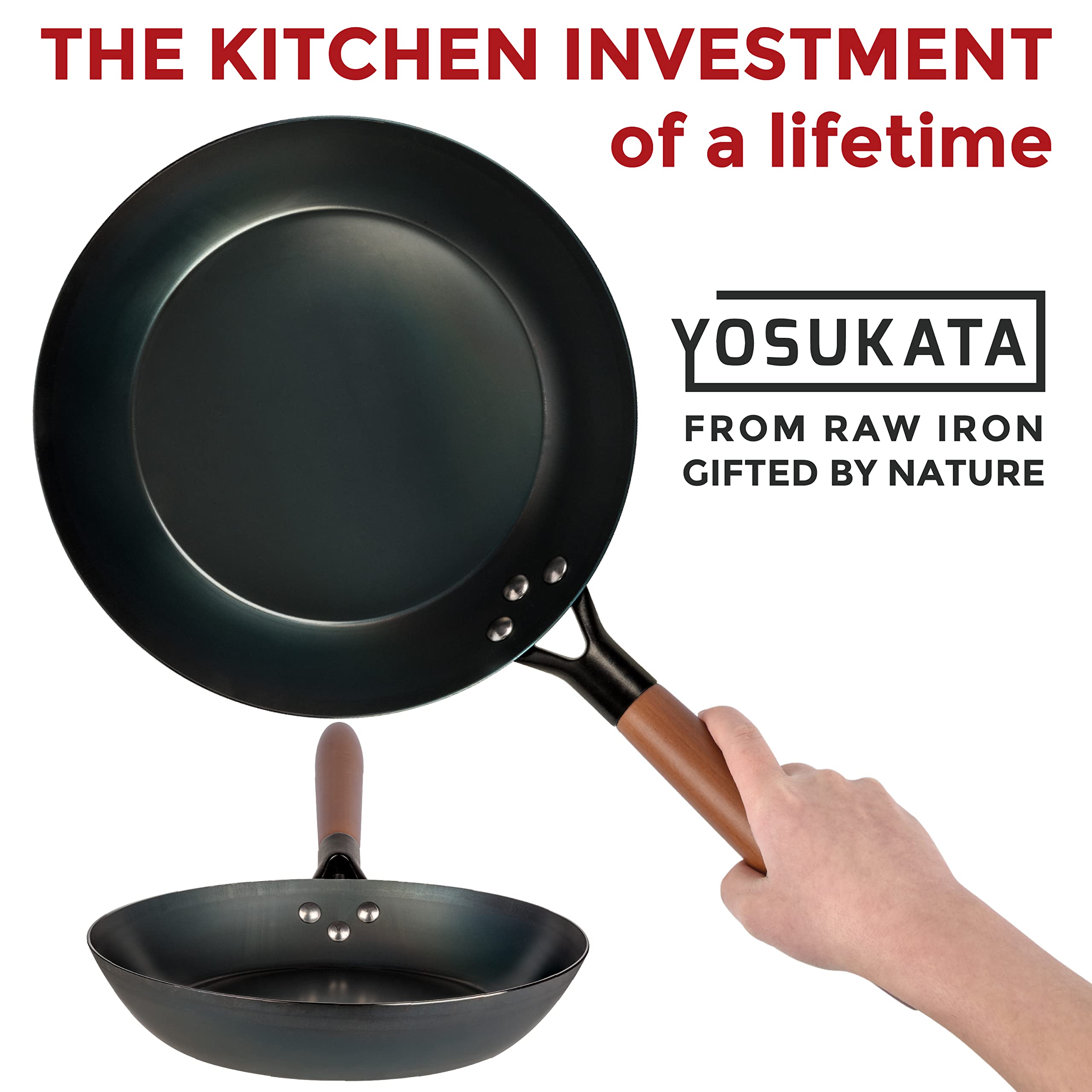 YOSUKATA Coating-Free Carbon Steel Pan - Durable 10 1/4 Inch Frying Pan - Pans for Cooking Delicious Meals - Carbon Steel Pan with Removable Heat-Resistant Wooden Handle - Fry Pan