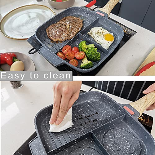 Bobikuke Nonstick Grill Pan for Stove Tops, 10.5 inch Sectional Skillet, Divided Pan for Breakfast, Square Grill Skillet with Silicone Brush & Clip, Compatible with All Stovetops (Black)