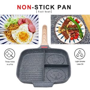 Bobikuke Nonstick Grill Pan for Stove Tops, 10.5 inch Sectional Skillet, Divided Pan for Breakfast, Square Grill Skillet with Silicone Brush & Clip, Compatible with All Stovetops (Black)