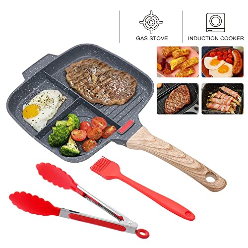 Bobikuke Nonstick Grill Pan for Stove Tops, 10.5 inch Sectional Skillet, Divided Pan for Breakfast, Square Grill Skillet with Silicone Brush & Clip, Compatible with All Stovetops (Black)