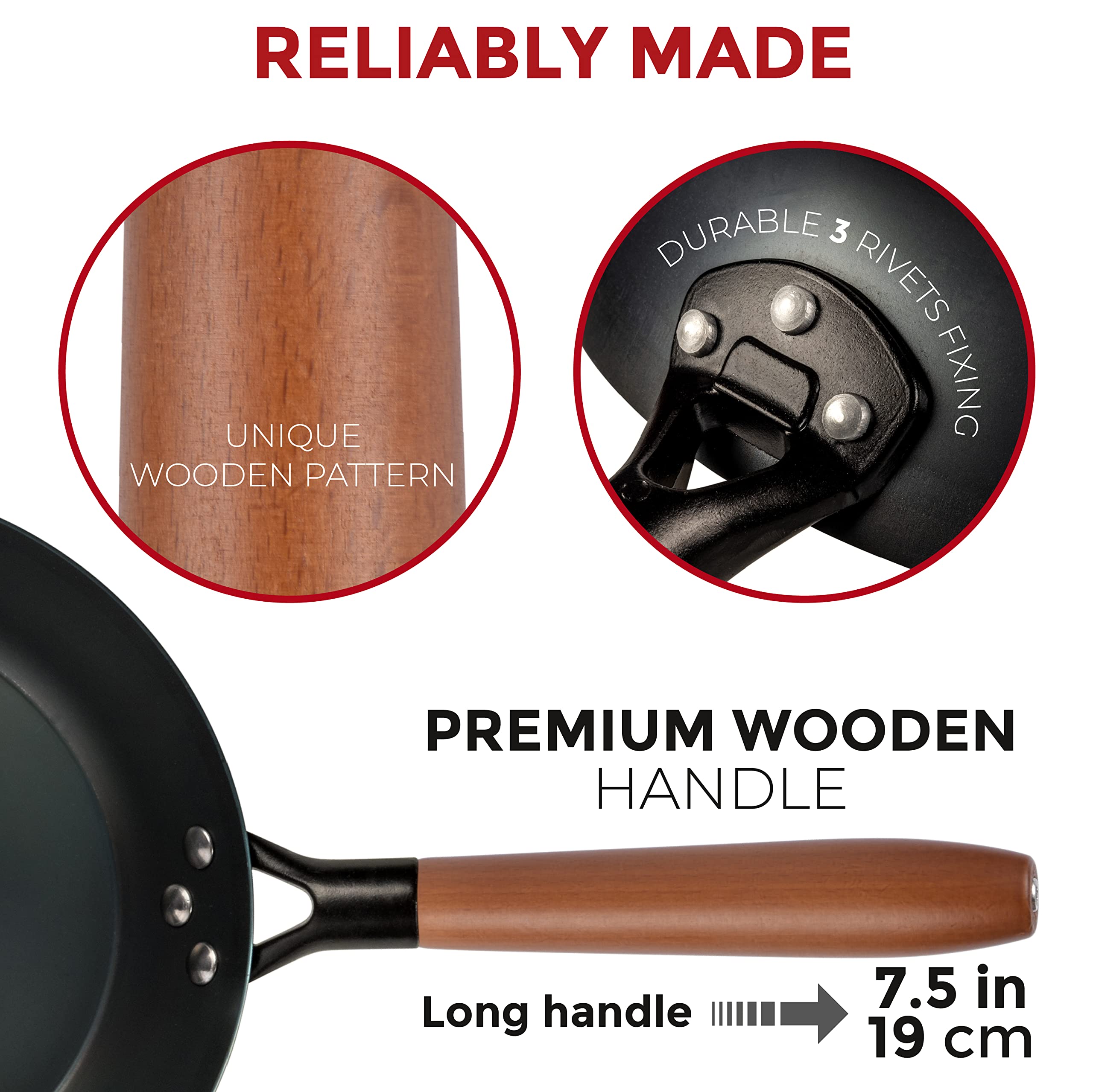 YOSUKATA Coating-Free Carbon Steel Pan - Durable 10 1/4 Inch Frying Pan - Pans for Cooking Delicious Meals - Carbon Steel Pan with Removable Heat-Resistant Wooden Handle - Fry Pan