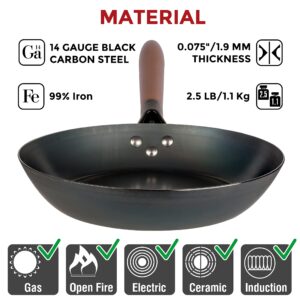 YOSUKATA Coating-Free Carbon Steel Pan - Durable 10 1/4 Inch Frying Pan - Pans for Cooking Delicious Meals - Carbon Steel Pan with Removable Heat-Resistant Wooden Handle - Fry Pan