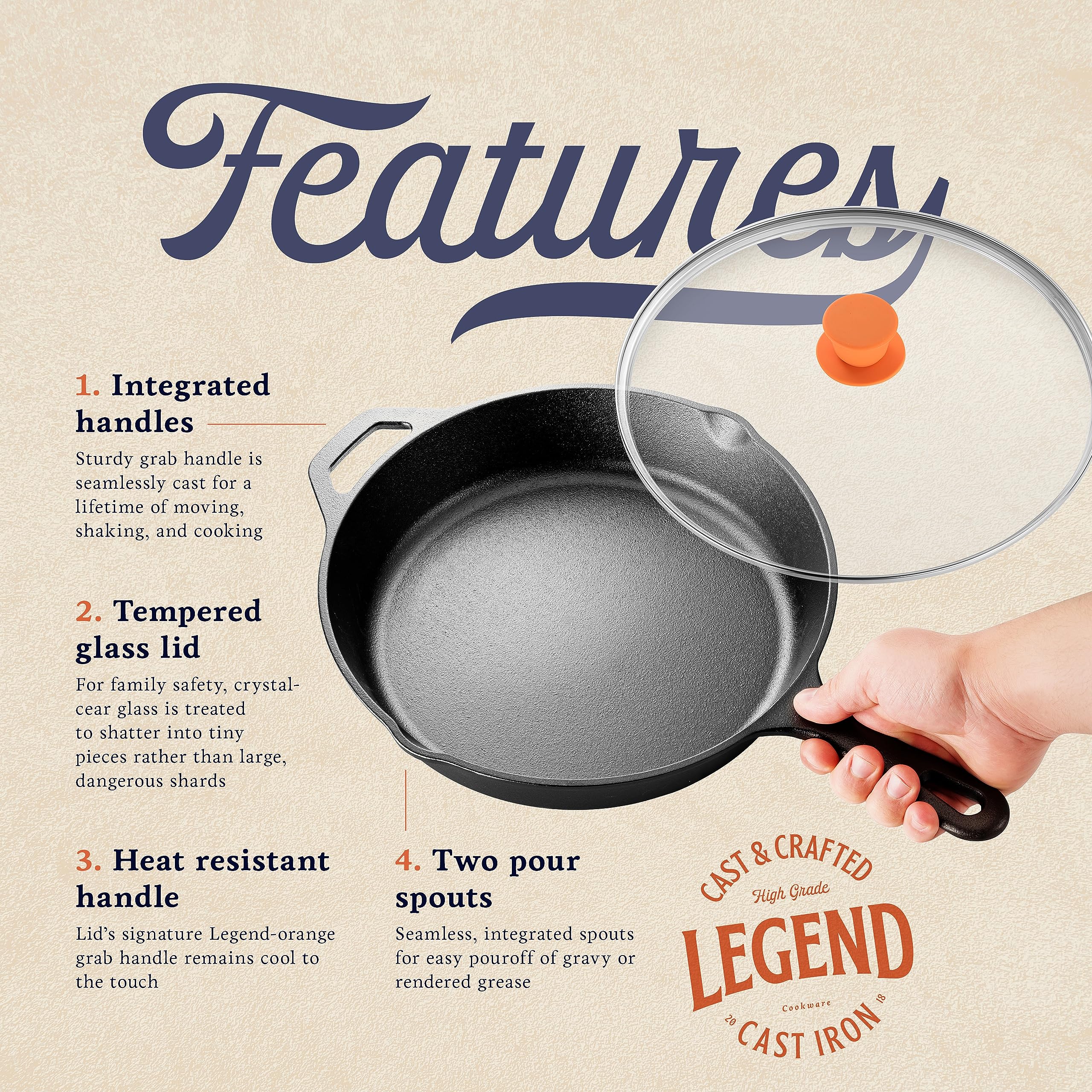 LEGEND COOKWARE | Cast Iron Skillet with Lid | Large 12” Frying Pan with Glass Lid | for Oven, Induction, Cooking, Pizza, Sautéing & Grilling