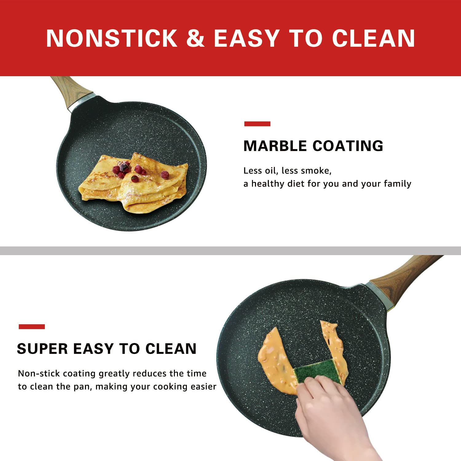 LECOOKING Nonstick Crepe Pan, 8.5 Inch Griddle Pan, Fry Pans for Cooking Eggs, Omelettes, and More - Non-Stick Marble Coating Skillet Induction Compatible