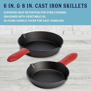 Country Living Pre-Seasoned Cast Iron Skillet, Oven Safe Frying Pans with Silicone Handle Sleeves, Durable Indoor and Outdoor Cookware, Set of Two, 6-Inch and 8-Inch, Black