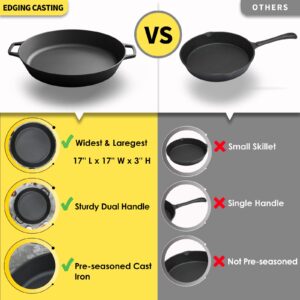 EDGING CASTING Pre-Seasoned Large Cast Iron Skillet 17 Inch, Dual Handle Outdoor Camping Frying Pan, Pizza Pan, Use for Grill, Stovetop, Induction, Oven Safe Cookware