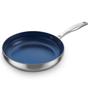 ciwete 8 inch frying pan tri-ply stainless steel & nonstick, 8" omelet pan pfas-free, skillet with stainless steel cool handle, 8 non stick fry pan, oven safe, dark blue