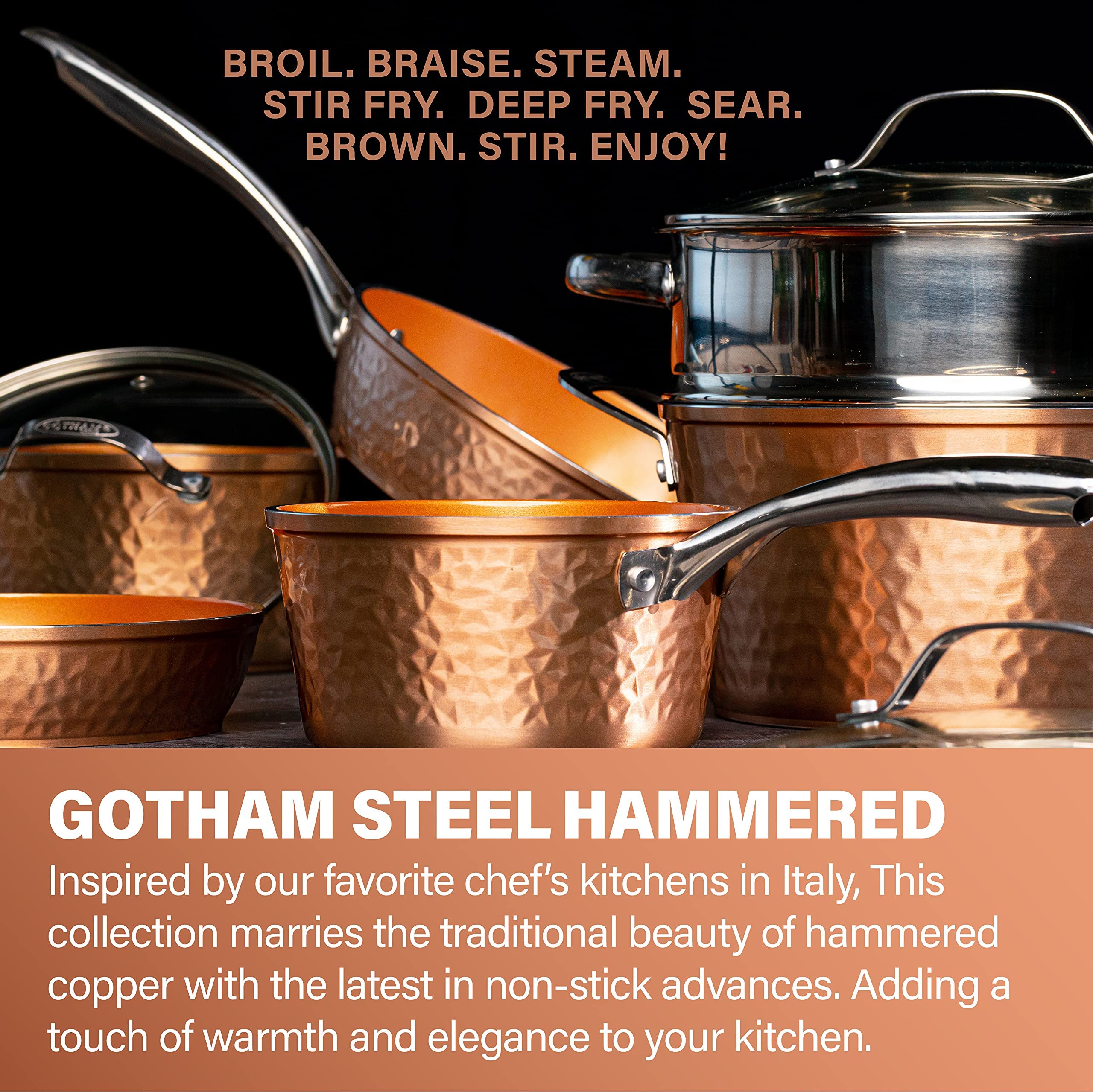 GOTHAM STEEL Hammered Non Stick Frying Pan with Lid, 14” Ceramic Frying Pan Nonstick, Induction Pan for Cooking, Long Lasting Nonstick, 100% Toxin Free & Gotham Steel Hammered Copper Collection
