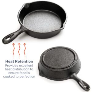 KUHA Mini Cast Iron Skillets 4” - 6-Pack of Pre-Seasoned Miniature Skillets - with 6 Small Silicone Trivets and Cast Iron Scraper