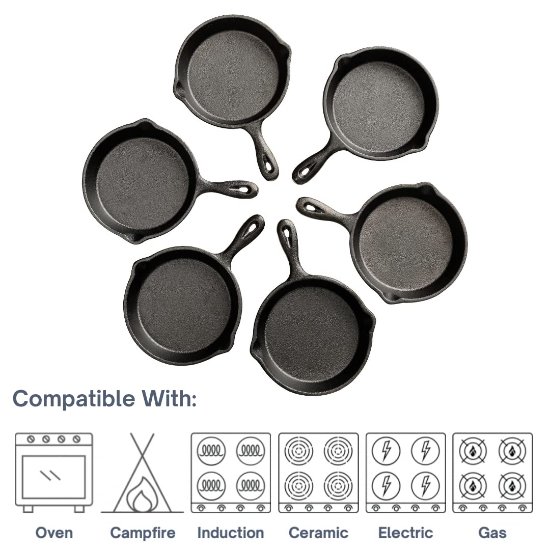 KUHA Mini Cast Iron Skillets 4” - 6-Pack of Pre-Seasoned Miniature Skillets - with 6 Small Silicone Trivets and Cast Iron Scraper