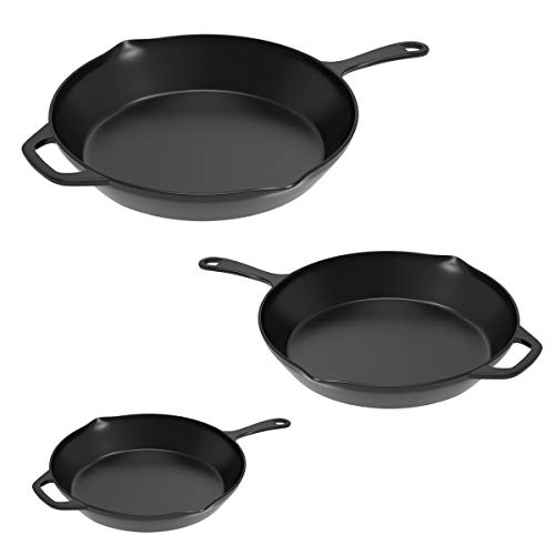 Frying Pans - Set of 3 Pre-Seasoned Cast Iron Skillets with 10-Inch, 8-Inch, and 6-Inch Sizes -Nonstick Camping Cookware by Home-Complete (Black)
