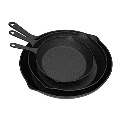 Frying Pans - Set of 3 Pre-Seasoned Cast Iron Skillets with 10-Inch, 8-Inch, and 6-Inch Sizes -Nonstick Camping Cookware by Home-Complete (Black)