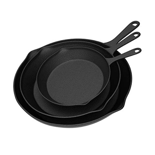 Frying Pans - Set of 3 Pre-Seasoned Cast Iron Skillets with 10-Inch, 8-Inch, and 6-Inch Sizes -Nonstick Camping Cookware by Home-Complete (Black)