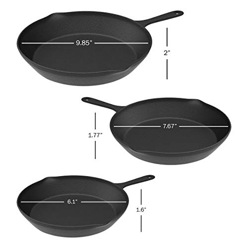 Frying Pans - Set of 3 Pre-Seasoned Cast Iron Skillets with 10-Inch, 8-Inch, and 6-Inch Sizes -Nonstick Camping Cookware by Home-Complete (Black)