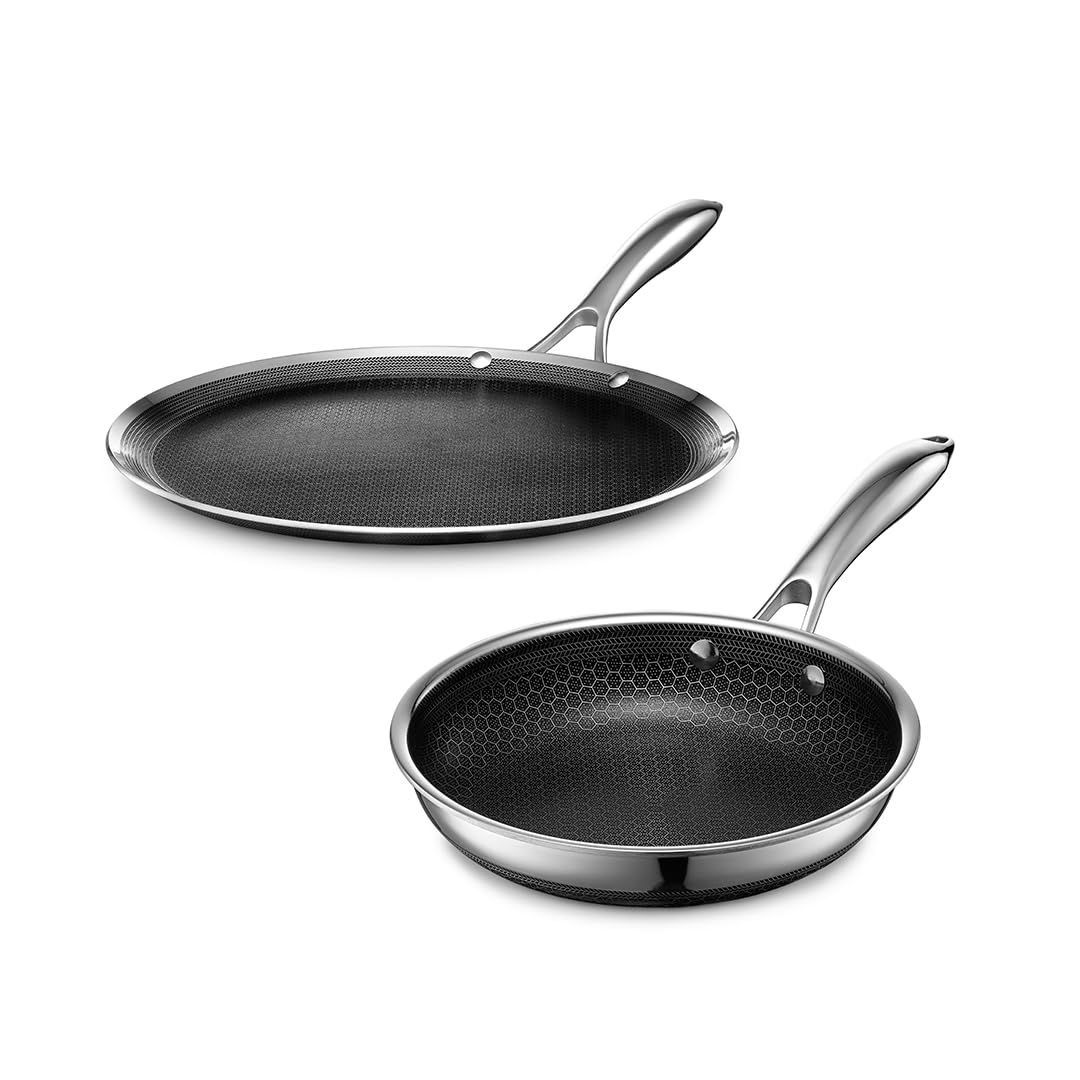 HexClad 2 Piece Hybrid Stainless Steel Cookware Set - 12 Inch Griddle Skillet Pan and 8 Inch Frying Pan, Stay Cool Handles, Dishwasher Safe, Non-Stick, Works with Induction Cooktops