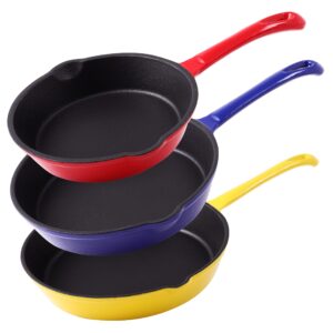 klee enameled cast iron skillet, set of 3 (7-inch, 8.5-inch, 10-inch) - multipurpose cooking pan with porcelain enamel coating and pour spout - safe in any stovetop and oven up to 500°f