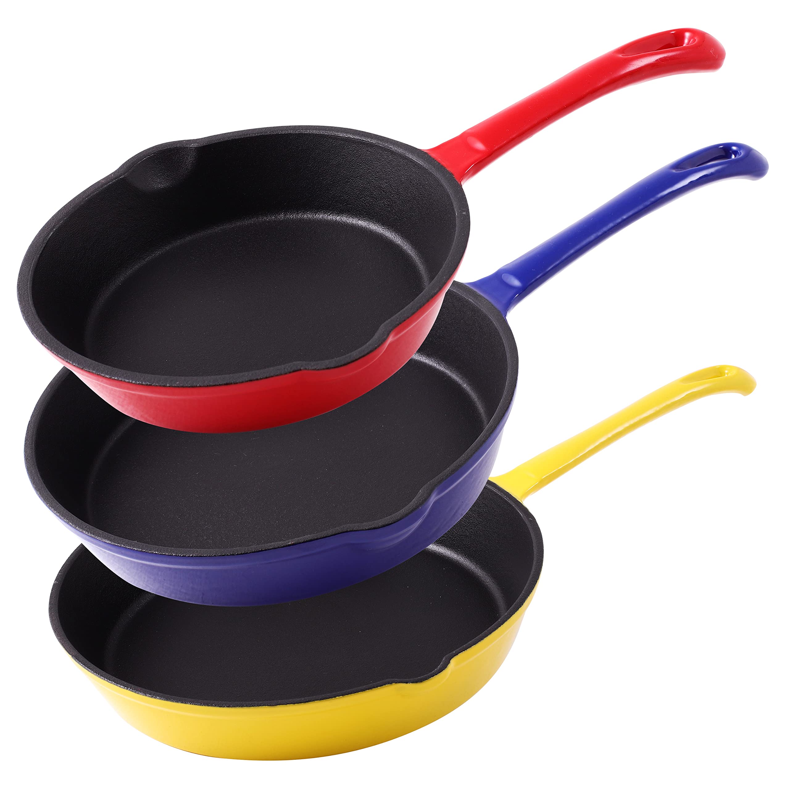 Klee Enameled Cast Iron Skillet, Set of 3 (7-inch, 8.5-inch, 10-inch) - Multipurpose Cooking Pan with Porcelain Enamel Coating and Pour Spout - Safe in Any Stovetop and Oven Up To 500°F