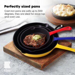 Klee Enameled Cast Iron Skillet, Set of 3 (7-inch, 8.5-inch, 10-inch) - Multipurpose Cooking Pan with Porcelain Enamel Coating and Pour Spout - Safe in Any Stovetop and Oven Up To 500°F