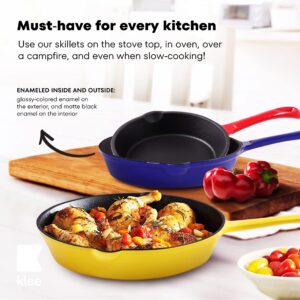 Klee Enameled Cast Iron Skillet, Set of 3 (7-inch, 8.5-inch, 10-inch) - Multipurpose Cooking Pan with Porcelain Enamel Coating and Pour Spout - Safe in Any Stovetop and Oven Up To 500°F