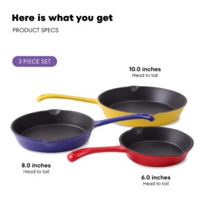 Klee Enameled Cast Iron Skillet, Set of 3 (7-inch, 8.5-inch, 10-inch) - Multipurpose Cooking Pan with Porcelain Enamel Coating and Pour Spout - Safe in Any Stovetop and Oven Up To 500°F