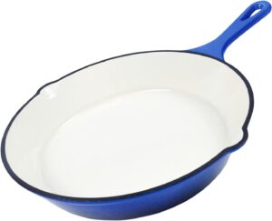 healthy choices 8" small enameled cast iron pan, white cast iron skillet, blue enameled skillet, eggs, sauces, desserts, bbq safe, small skillet for camping, dishwasher, induction, stovetop, open fire