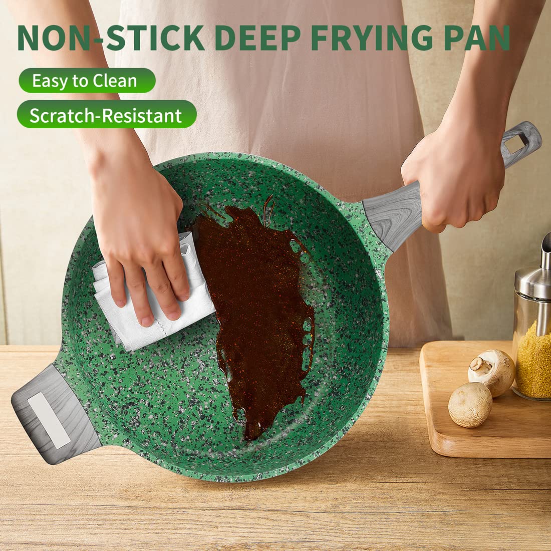 TINCOKO Nonstick Deep Frying Pan with Lid - 11" Green Granite Coating Non-stick Fry Skillet, Die-Cast Aluminum Alloy Jumbo Cooker, Non Toxic APEO & PFOA Free