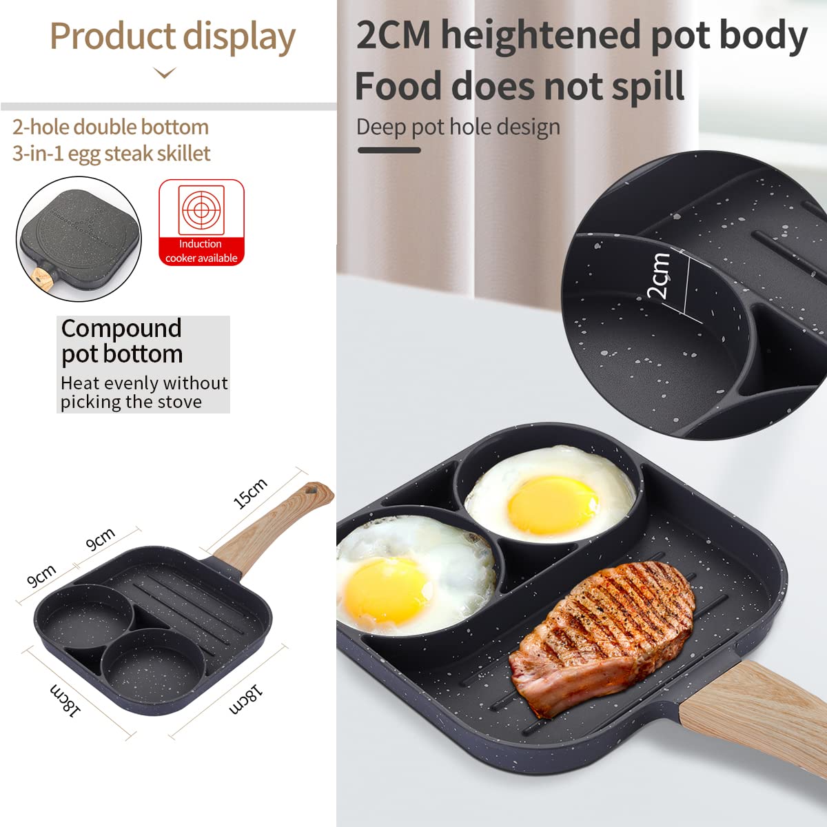 Egg Frying Pan, Pancake Pan Nonstick 3 Hole Frying Egg and Steak Pan Medical Stone Cooker For Breakfast, Suitable For Gas Stove & Induction Cooker (3)