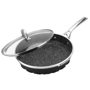 musential 10" inch aluminum non-stick frying pan skillet with tempered glass lid, pfoa-free non-stick granite coating, stainless steel handle, dishwasher/oven safe (black)
