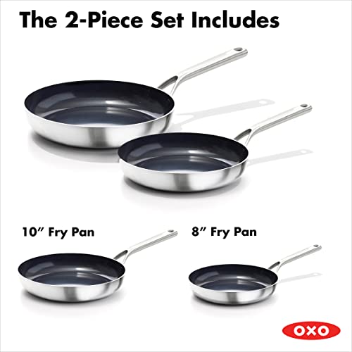 OXO Mira Tri-Ply Stainless Steel PFAS-Free Nonstick, 8" and 10" Frying Pan Skillet Set, Induction, Multi Clad, Dishwasher and Metal Utensil Safe
