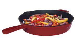 hell's kitchen pre-seasoned cast iron skillet – oven safe - pour spouts and helper handle, 10.5", red
