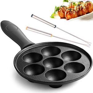 shlia pre-seasoned cast iron aebleskiver pan for danish stuffed pancake balls takoyaki maker/appam maker with free 2 pcs takoyaki sticks and 1 pcs silicone handle