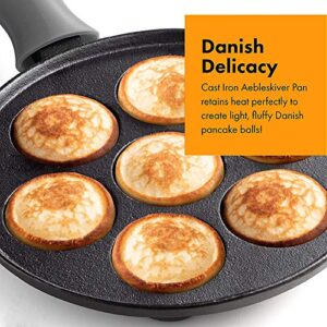 SHLIA Pre-Seasoned Cast Iron Aebleskiver Pan for Danish Stuffed Pancake Balls Takoyaki Maker/Appam Maker with FREE 2 PCS Takoyaki Sticks and 1 PCS Silicone Handle