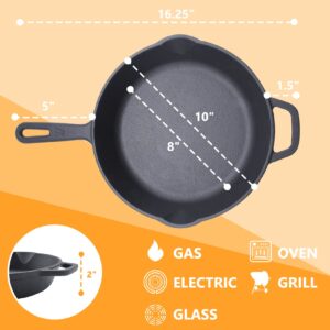 GGC 10 inch Cast Iron Skillet, Frying Searing and Baking Pan with Handle for Home Kitchen, Camping Indoor and Outdoor Cooking, Safe Cookware for Oven, Stove, Grill, Smoker, Induction or Campfire