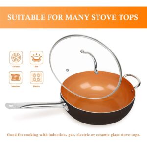 SHINEURI 12 Inch Copper Wok Pan and Stir Fry Pan with Lid, Nonstick Copper Wok Pan, Ceramic Copper Pan, Nonstick Copper Fry Pan, Ceramic Wok with Lid, Copper Skillet with Lid, Induction Compatible
