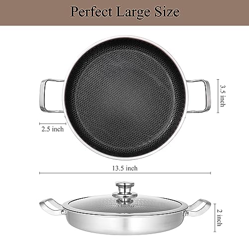 Vinchef Skillet with Lid 13 Inch Stainless Steel Pan, PFOA Free, Dishwasher and Oven Safe Cookware, Cooking Pan for Induction Compatible