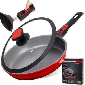 diig nonstick frying pan skillet with silicone lid, 11.5 inch saute pan omelet sauce pan red cookware, chef pan for cooking with detachable handle, induction oven safe all stoves compatible