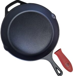 La Cuisine 12” Cast Iron Skillet Frying Pan with Matte Black Enamel Coating – Thermal Resistant Silicone holders included. Ideal for both Indoor and outdoor use, Oven Safe.