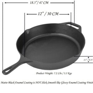La Cuisine 12” Cast Iron Skillet Frying Pan with Matte Black Enamel Coating – Thermal Resistant Silicone holders included. Ideal for both Indoor and outdoor use, Oven Safe.