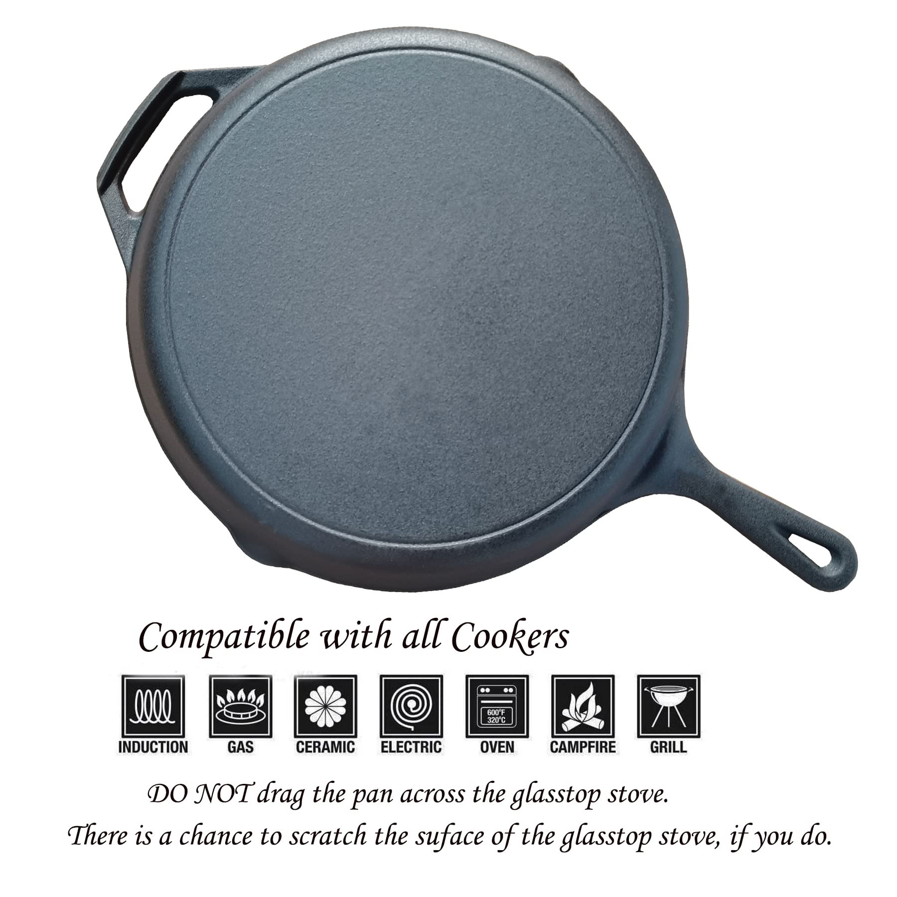 La Cuisine 12” Cast Iron Skillet Frying Pan with Matte Black Enamel Coating – Thermal Resistant Silicone holders included. Ideal for both Indoor and outdoor use, Oven Safe.